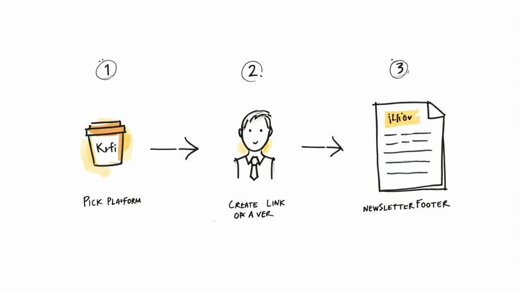 A diagram illustrating three steps for adding a Ko-fi virtual tip jar to a newsletter.