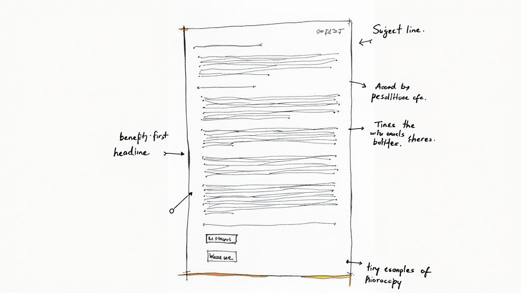 Hand-drawn wireframe sketch of email layout showing subject line, headline, body text, and call-to-action buttons