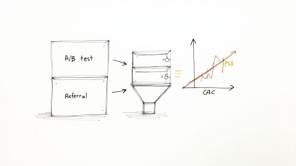 Diagram showing A/B test and referral methods feeding a funnel, equating to PLG optimizing CAC.