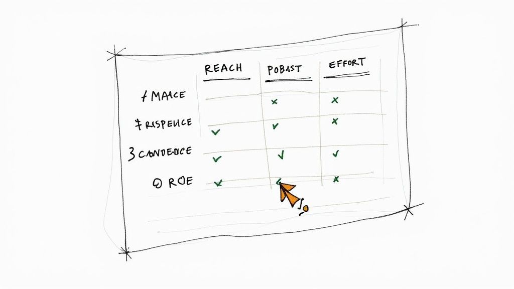 A handwritten prioritization matrix showing scores for different items across Reach, Pobast, and Effort criteria.