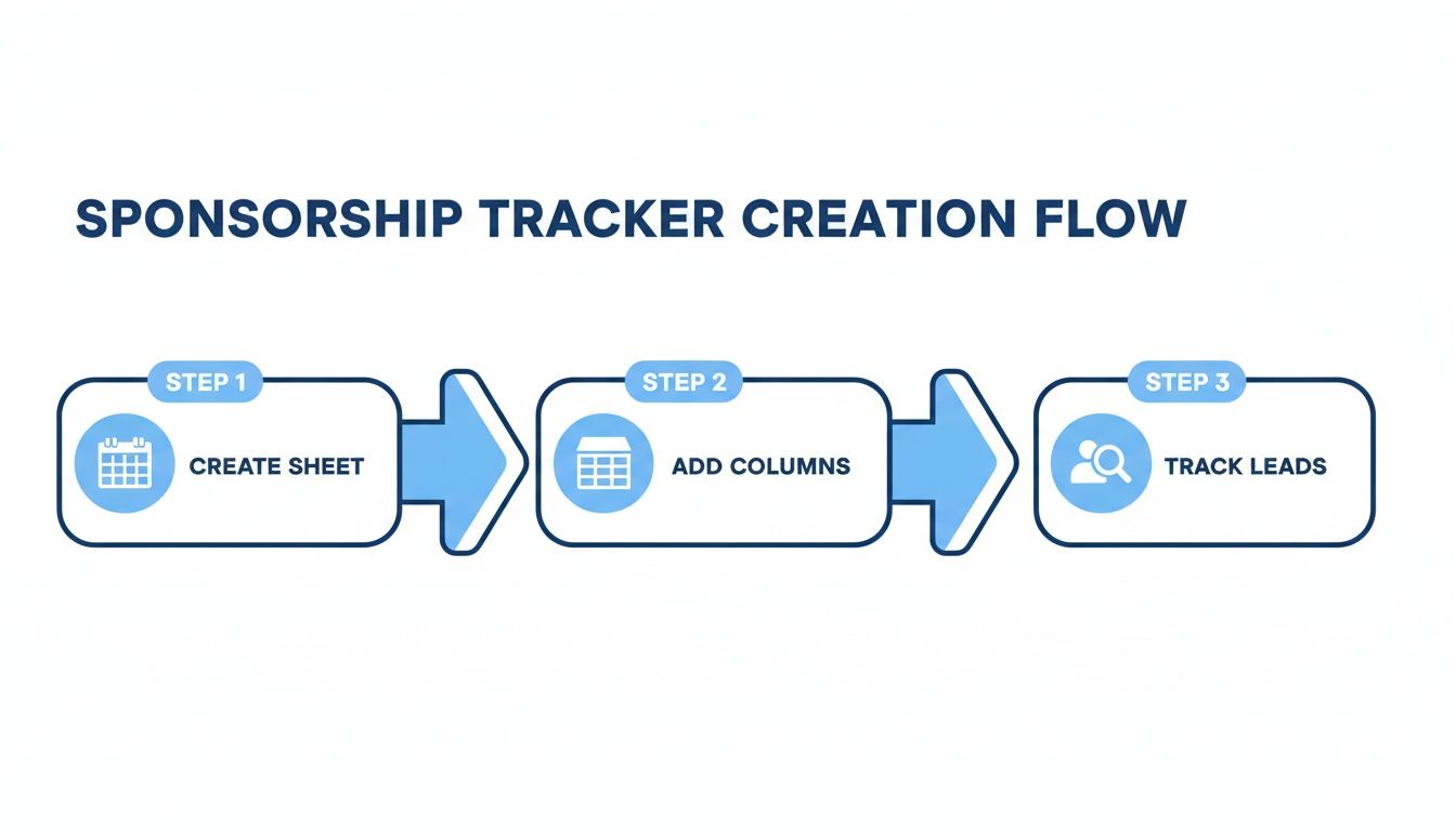 A three-step flow diagram detailing the creation process for a sponsorship tracker, from sheet to tracking leads.