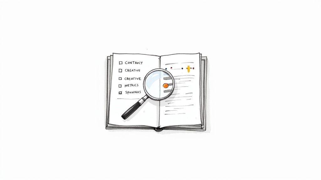 A magnifying glass hovers over an open notebook showing a checklist with 'Spam/Ads' checked.