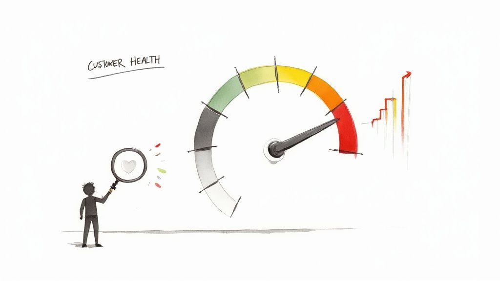 Customer health score gauge showing metrics visualization with person analyzing data and upward growth chart