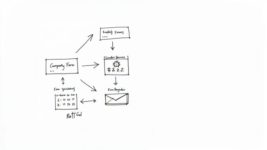 A hand-drawn diagram illustrating a process involving a form, forums, a "Greeter Barons" step, and email registration with a calendar.