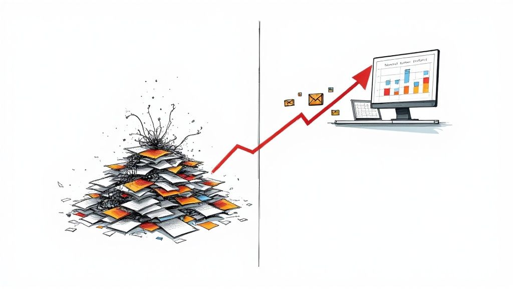 Illustration showing a messy pile of papers transforming into an organized digital workspace with data charts.
