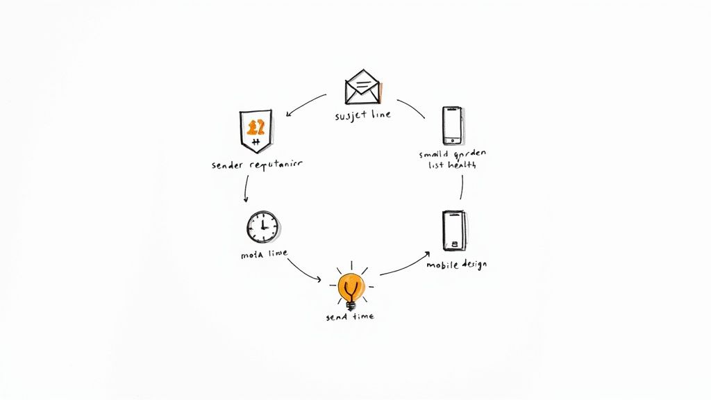 Illustration of an inbox with emails being opened by users