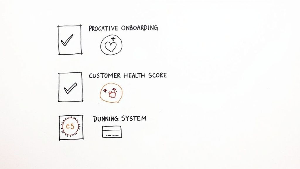 A whiteboard sketch outlining three key business concepts: Proactive Onboarding, Customer Health Score, and a Dunning System.