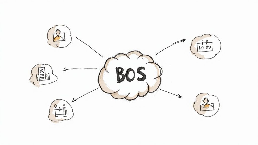 A hand-drawn mind map centralizing 'BOS' with connected icons representing various business components.