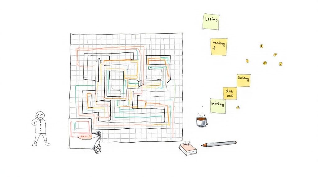 A person stands before a complex, in a multi-colored maze, next to sticky notes and drawing tools.