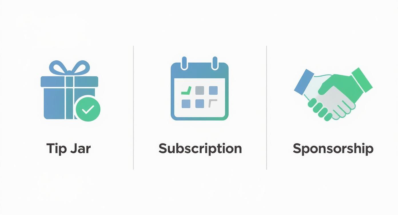 Three icons representing a tip jar, subscription, and sponsorship as monetization options.