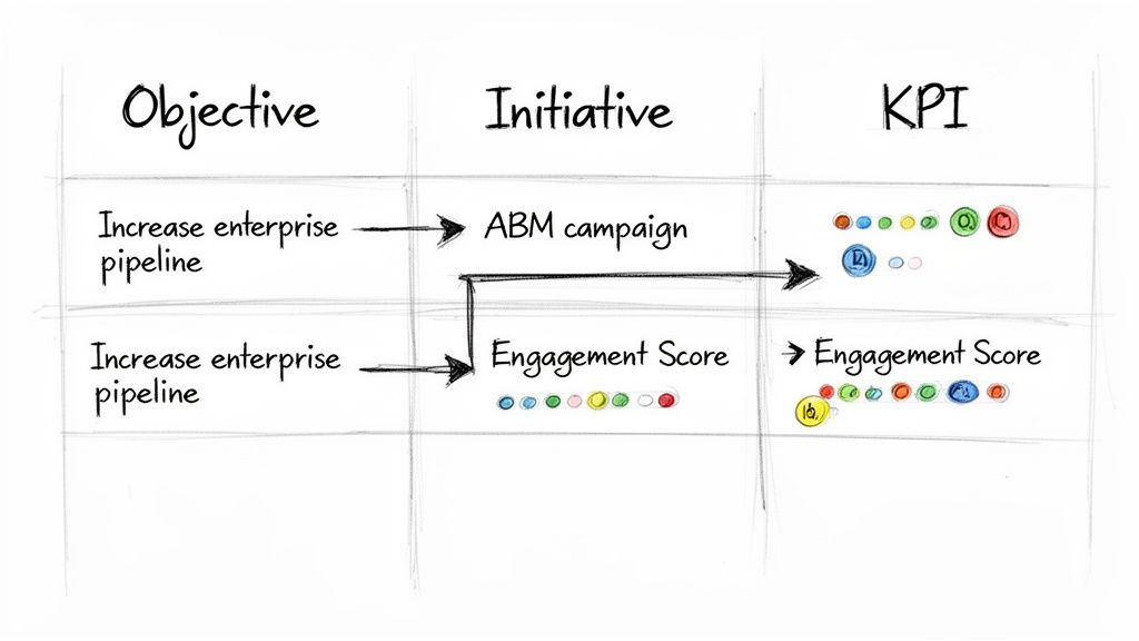 Handwritten diagram showing objectives, initiatives, and KPIs for increasing enterprise pipeline.