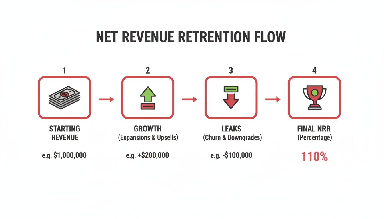 Flow chart illustrating Net Revenue Retention (NRR) calculation, showing starting revenue, growth, and leaks.
