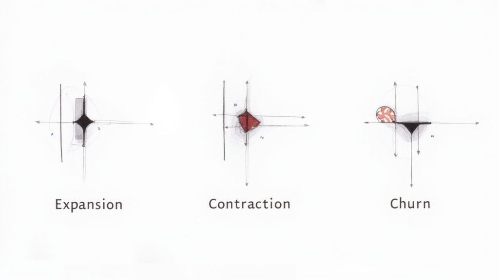 Three diagrams illustrating business concepts: Expansion, Contraction, and Churn, using abstract shapes and arrows.