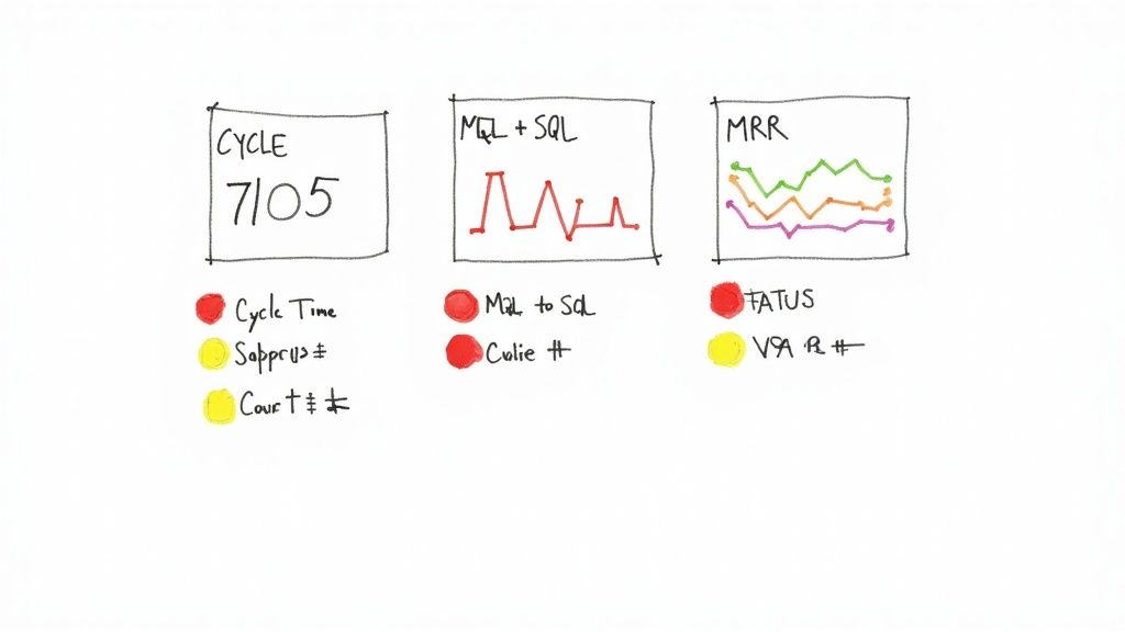 A person pointing at a data dashboard on a screen