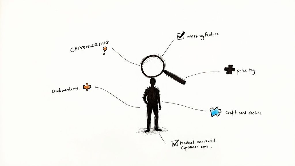 Illustration of a person analyzing SaaS customer churn factors like features, pricing, onboarding, and credit card issues.