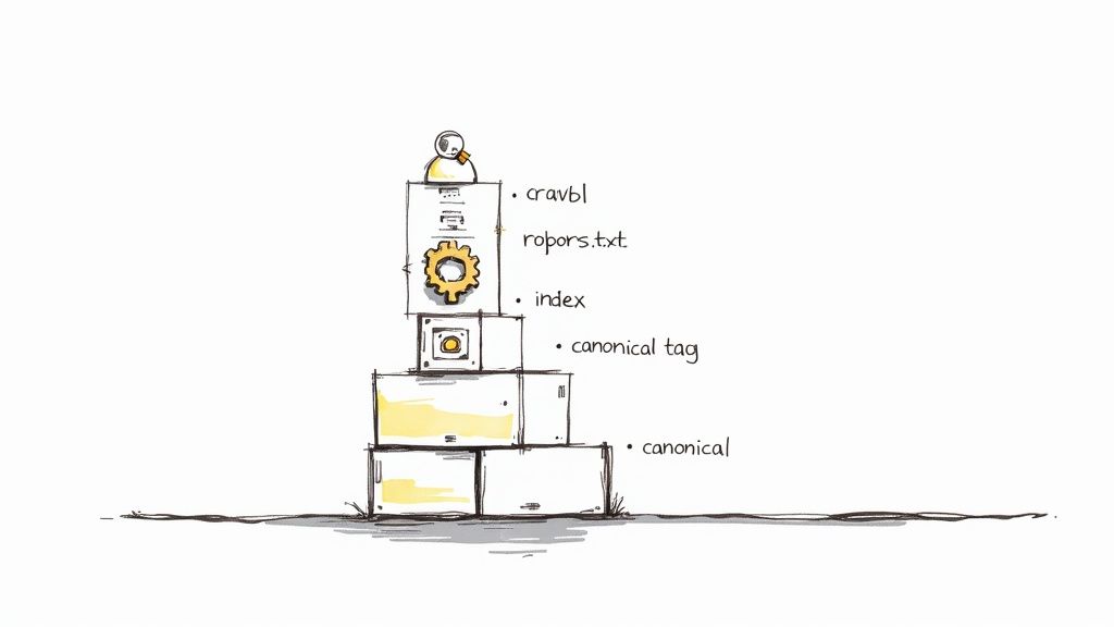 An illustrated stack of boxes representing SEO principles, including crawl, robots.txt, index, and canonicalization.