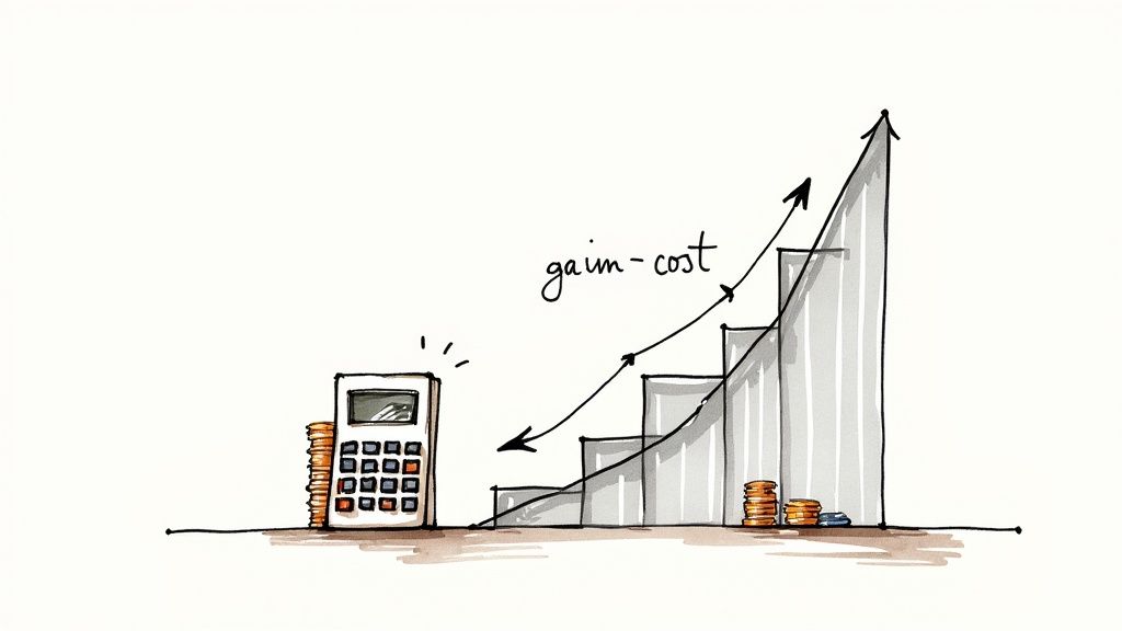 A simple line graph showing an upward trend with a dollar sign at the end, symbolizing positive ROI.