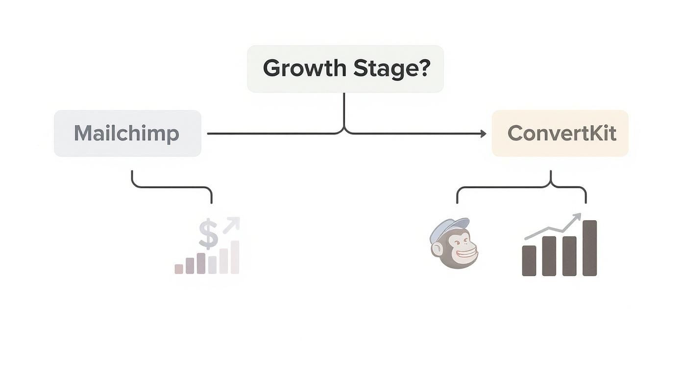 Decision flowchart comparing Mailchimp versus ConvertKit based on business growth stage with revenue and growth icons