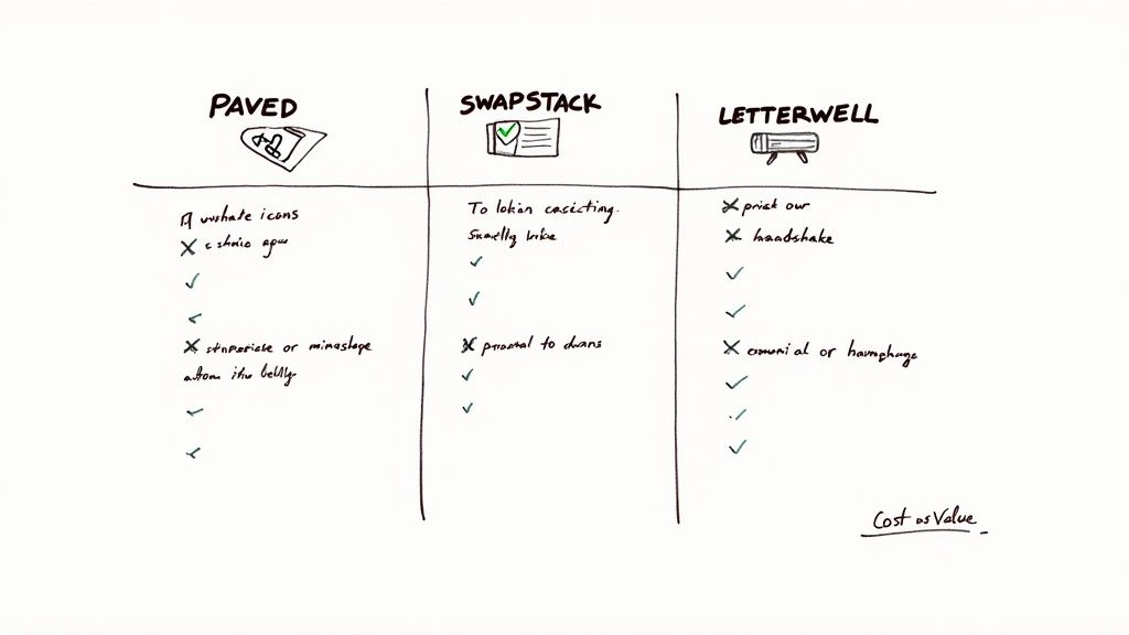 A handwritten comparison table detailing features and limitations for Paved, Swapstack, and Letterwell options.