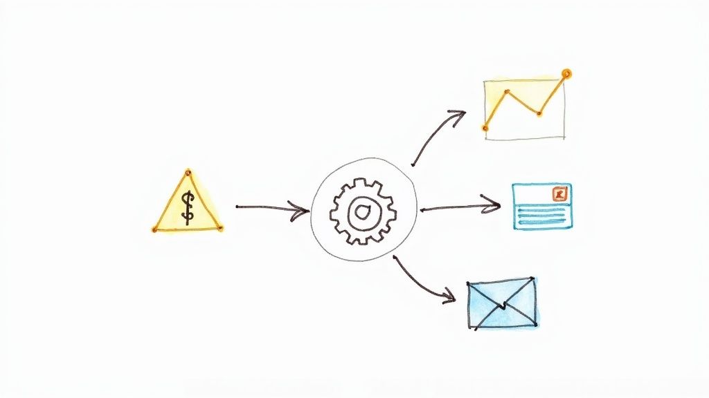 A workflow diagram showing a dollar sign flowing into a gear, representing automation, then branching out to a graph, a document, and an email.