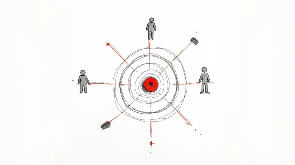 A magnifying glass hovering over a group of illustrated people, symbolizing the process of defining a target audience.