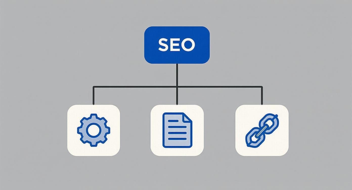 A diagram showing SEO principles with icons for technical optimization, content, and backlinks.