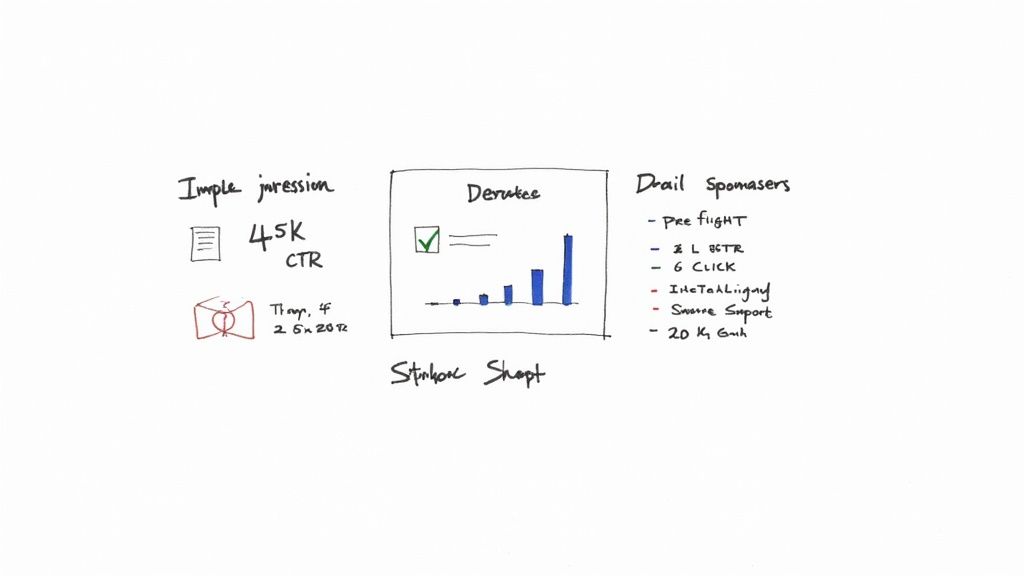 Hand-drawn whiteboard sketch illustrating ad management metrics, including impressions, CTR, a bar chart, and sponsor details.