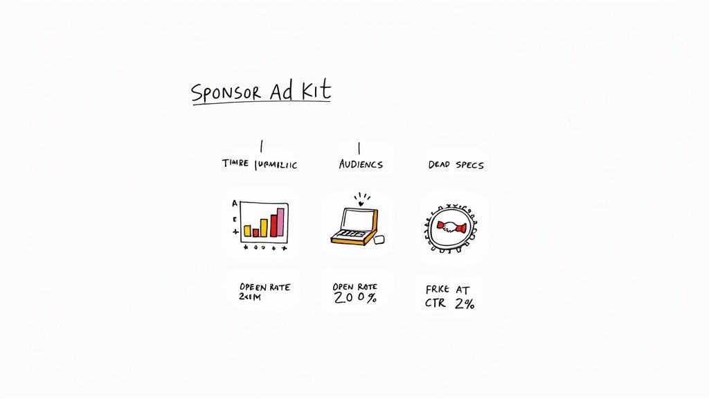Whiteboard drawing showing a Sponsor Ad Kit with marketing metrics like open rates and CTR for advertising.