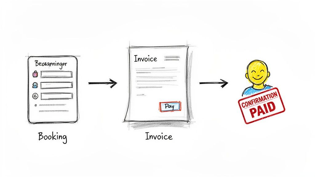 Diagram illustrating a booking process flow from a booking form, to an invoice with a pay button, and finally to a confirmation of payment.