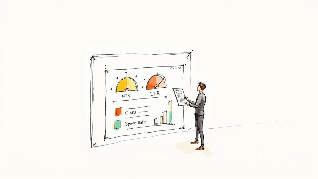 A man in a suit analyzes a digital marketing dashboard showing MTR, CTR, clicks, and sponsor rate.
