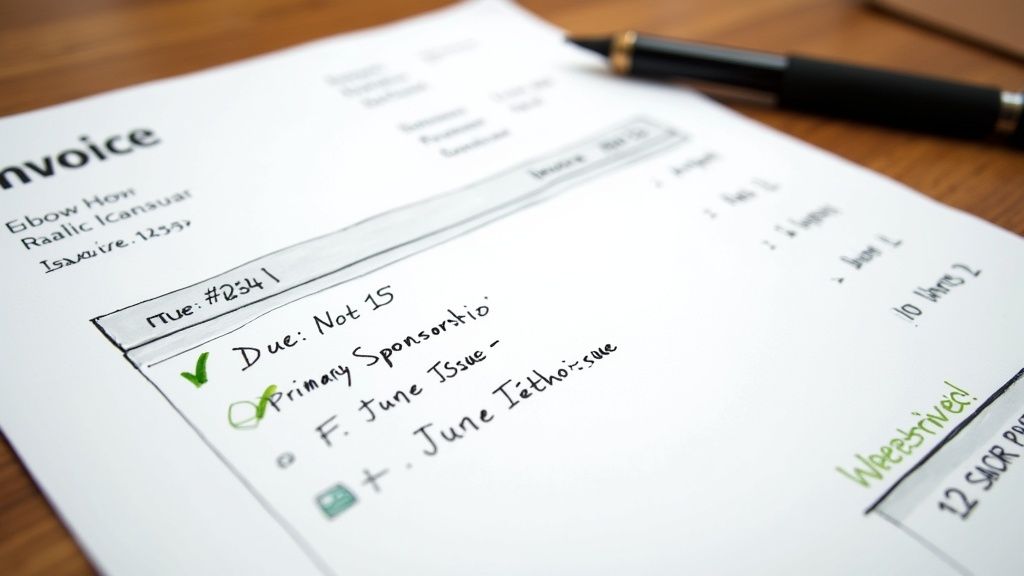 Close-up of a handwritten invoice with due dates, sponsorship details, and an itemized list on paper.