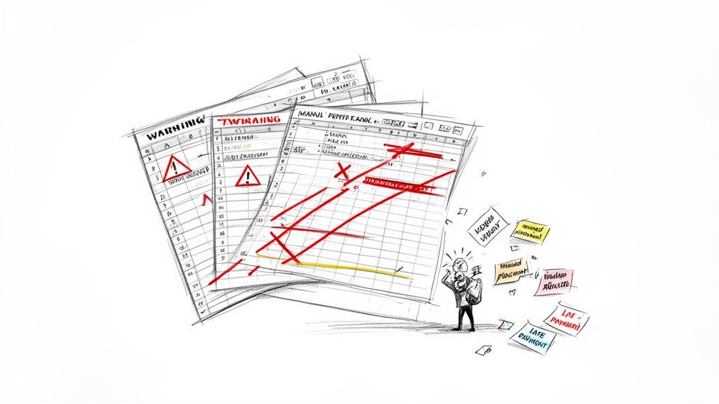 Illustration of spreadsheets with warnings, red crosses, and sticky notes about financial errors, with a person having an idea.