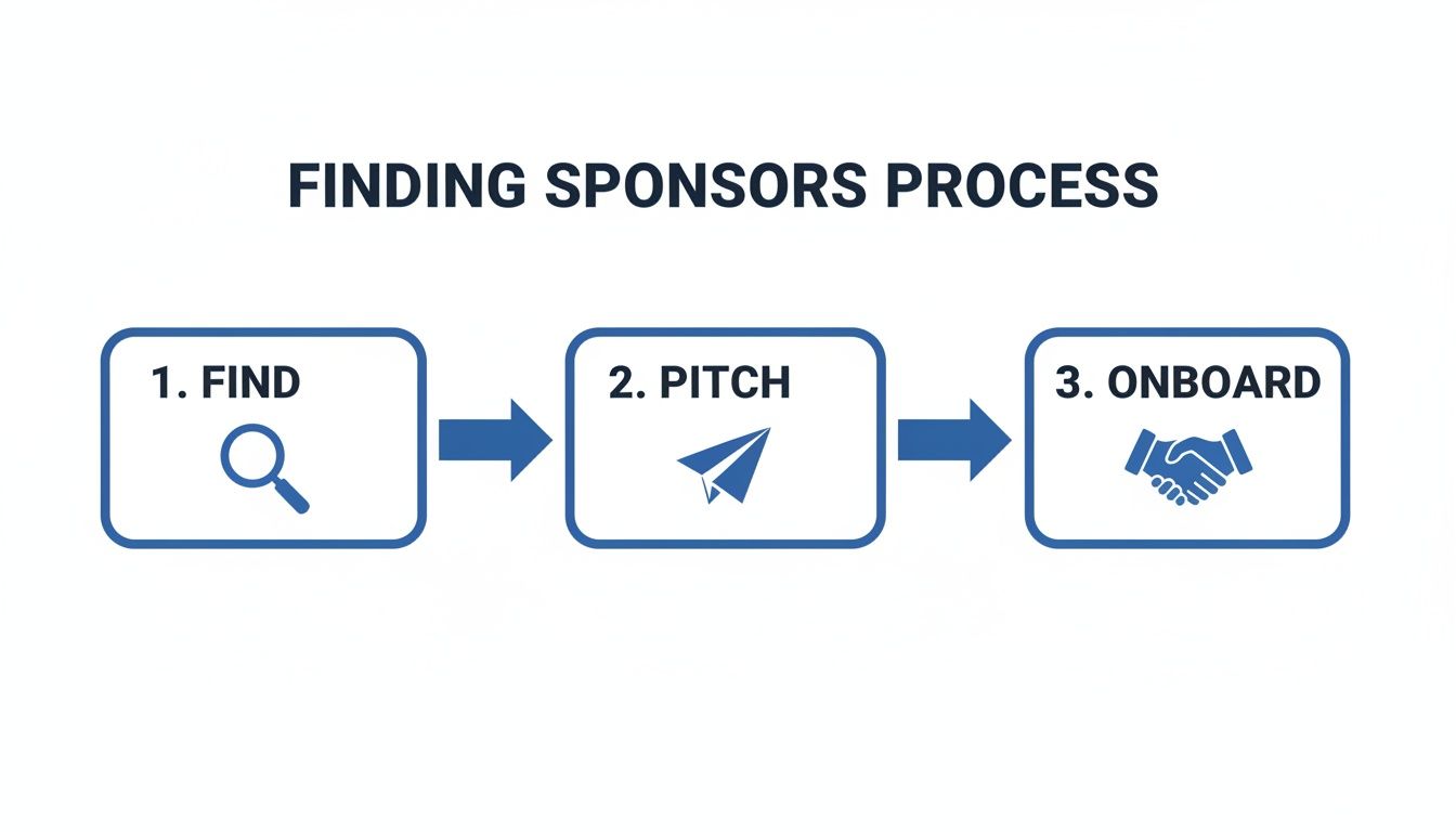 A flowchart showing the 'Finding Sponsors Process' with three steps: Find, Pitch, and Onboard.