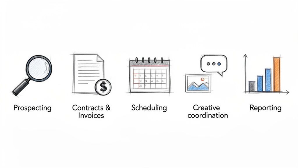 Hand-drawn icons illustrating five key business processes: prospecting, contracts, scheduling, creative coordination, and reporting.