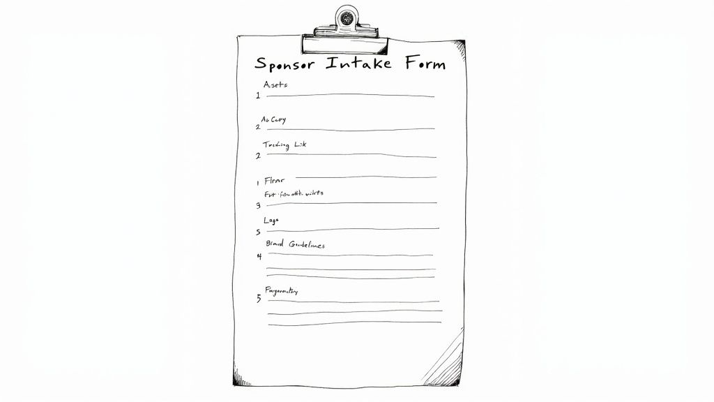 A hand-drawn Sponsor Intake Form on a clipboard, listing items like assets, ad copy, logo, and brand guidelines.