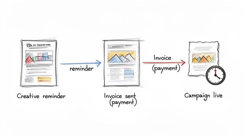 Diagram illustrating the workflow from creative reminder to invoice payment and a campaign going live.