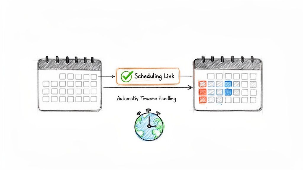 Illustration of two calendars linked by a 'Scheduling Link' with 'Automatic Timezone Handling' and a globe clock.