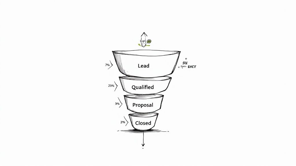 A hand-drawn sales funnel illustration showing stages: Lead, Qualified, Proposal, and Closed, with conversion percentages.