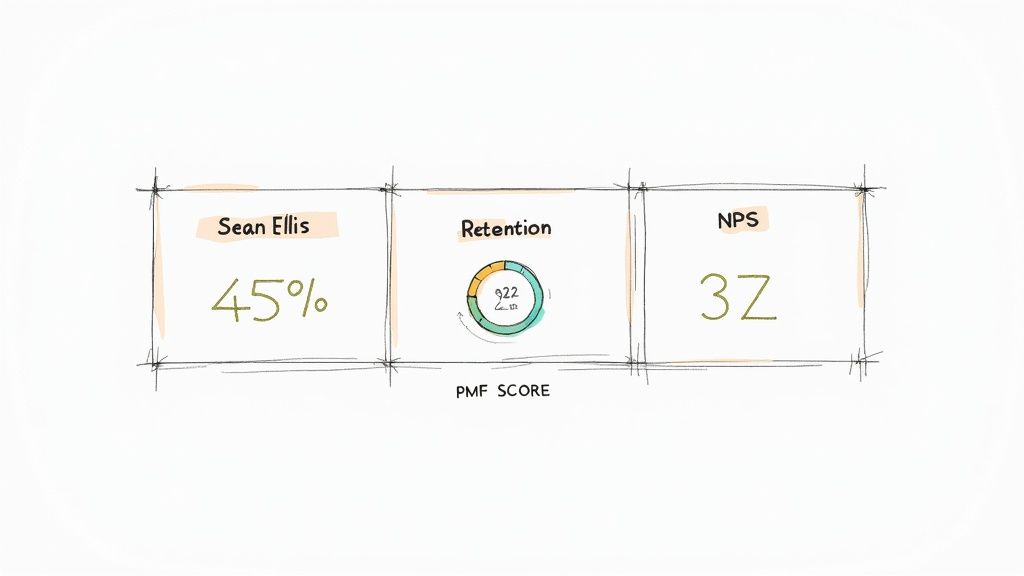 A sleek, modern dashboard on a screen displaying various charts and graphs related to Product-Market Fit, including survey results and retention data.