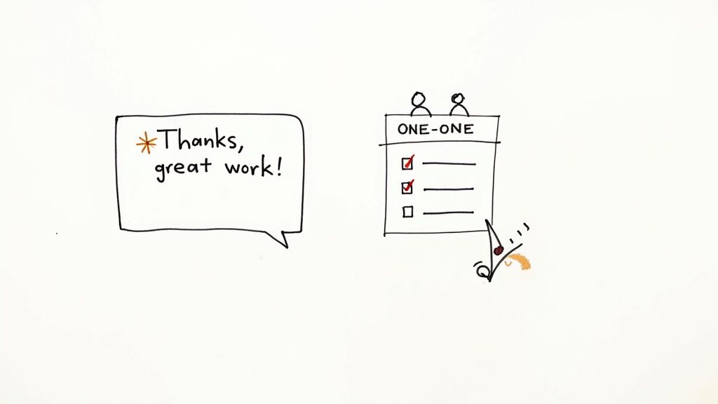 Hand-drawn image showing positive feedback 'Thanks, great work!' and a one-on-one meeting checklist.