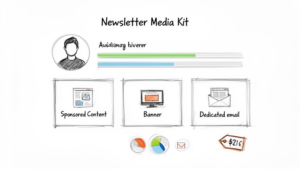 Sketched infographic of a newsletter media kit displaying sponsored content, banner, and dedicated email options.