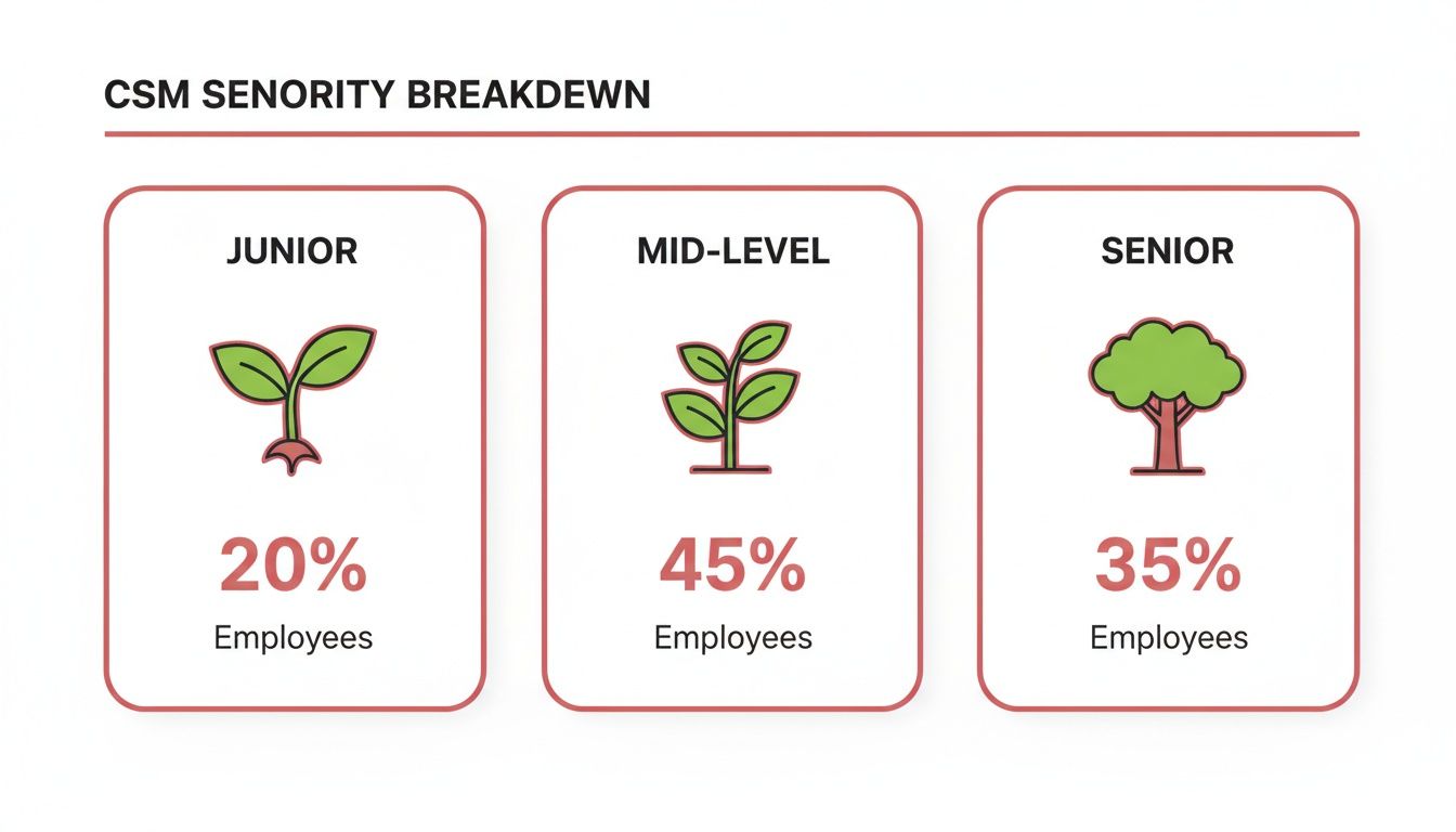 An infographic illustrating CSM seniority breakdown: 20% junior, 45% mid-level, and 35% senior employees.