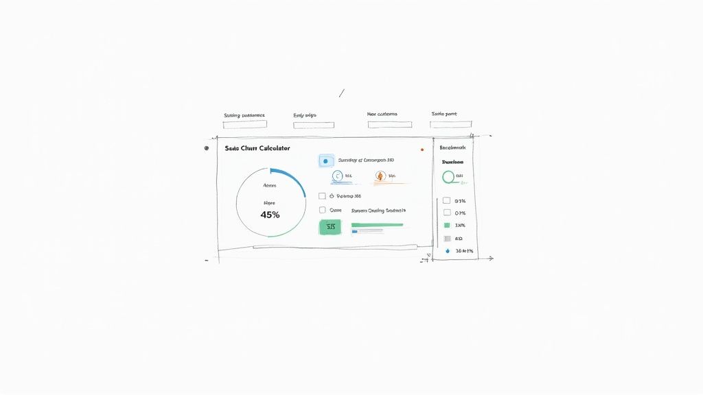 A business dashboard showing various metrics and charts, including churn rate.