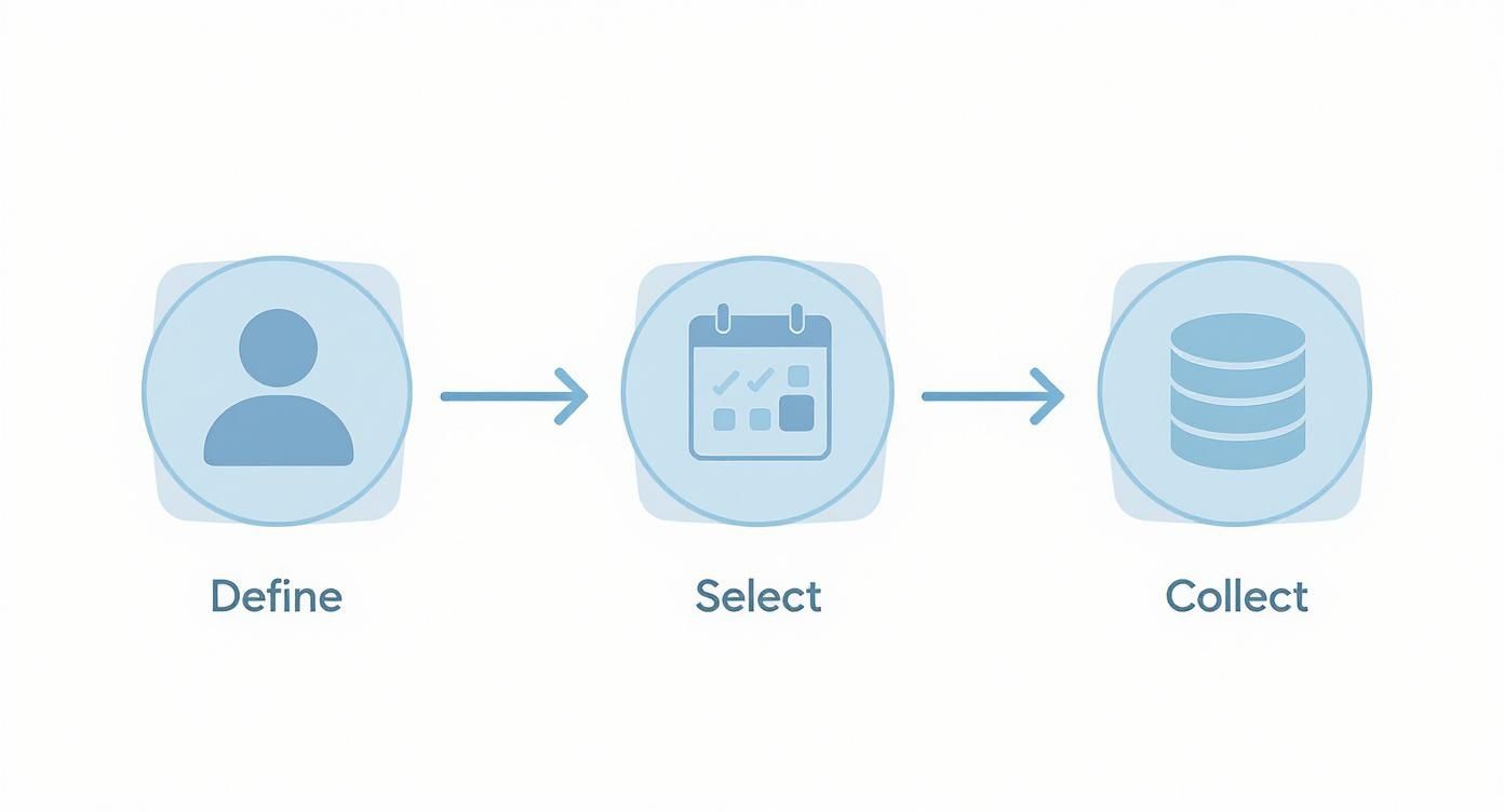 An infographic showing a three-step process flow for data gathering with icons for defining the user, selecting a time period, and collecting the data.