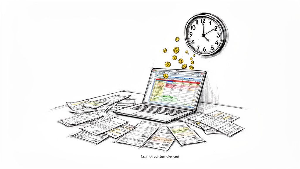 A clock and coins hovering over a laptop with a spreadsheet surrounded by papers, symbolizing efficient financial management.