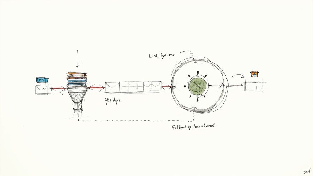 A person cleaning a large email icon with a spray bottle and cloth, symbolizing email list hygiene.