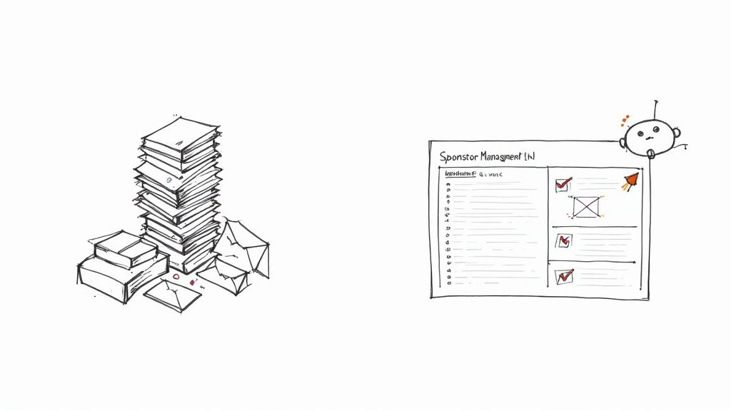 A sketch illustrating a pile of messy documents beside an organized 'Sponsor Management' checklist.