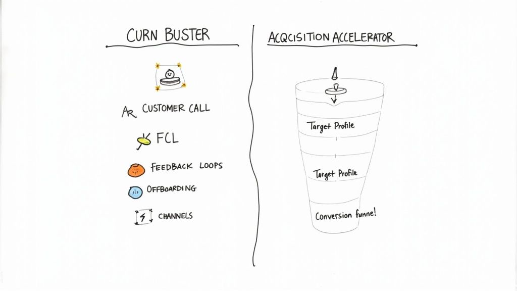 Hand-drawn diagram comparing churn prevention techniques and customer acquisition funnel stages.