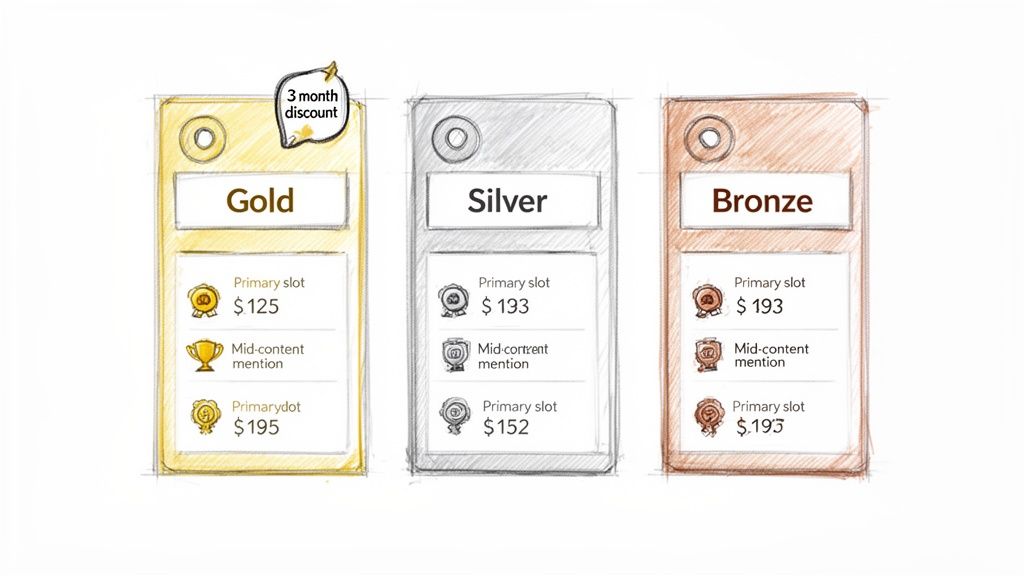 Hand-drawn pricing plans for newsletter advertising, showing Gold, Silver, and Bronze tiers with different features and costs.