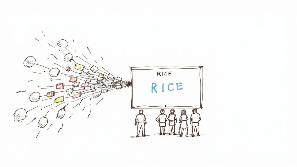 An illustration showing diverse inputs and ideas funneling into a screen displaying the word 'RICE', observed by five figures.